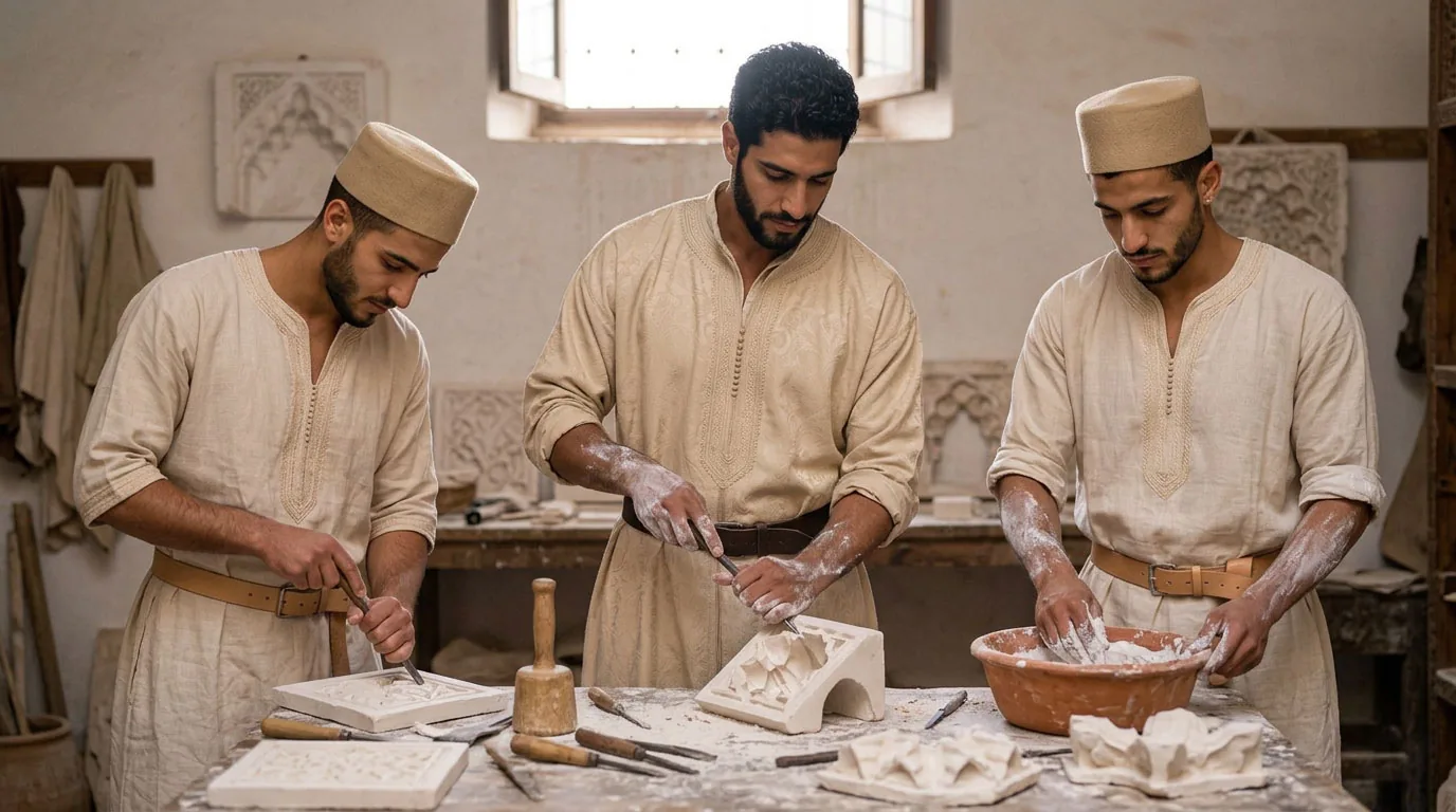 Tre giovani artigiani marocchini che tagliano il gesso alla bottega
