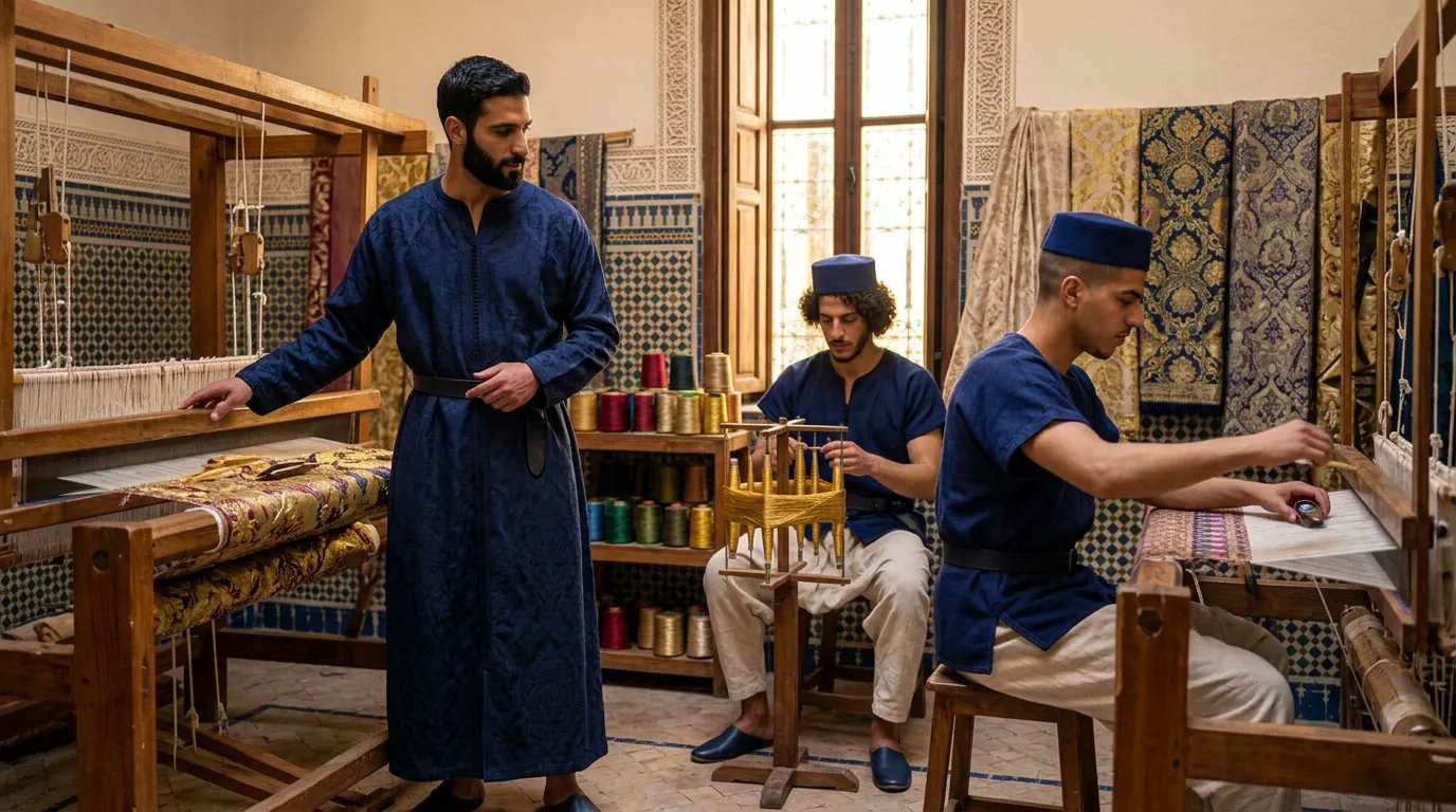 Telaio in uso nella bottega di tessitura