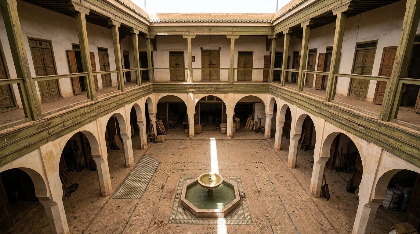Il cortile del fondouk e i suoi due livelli di gallerie