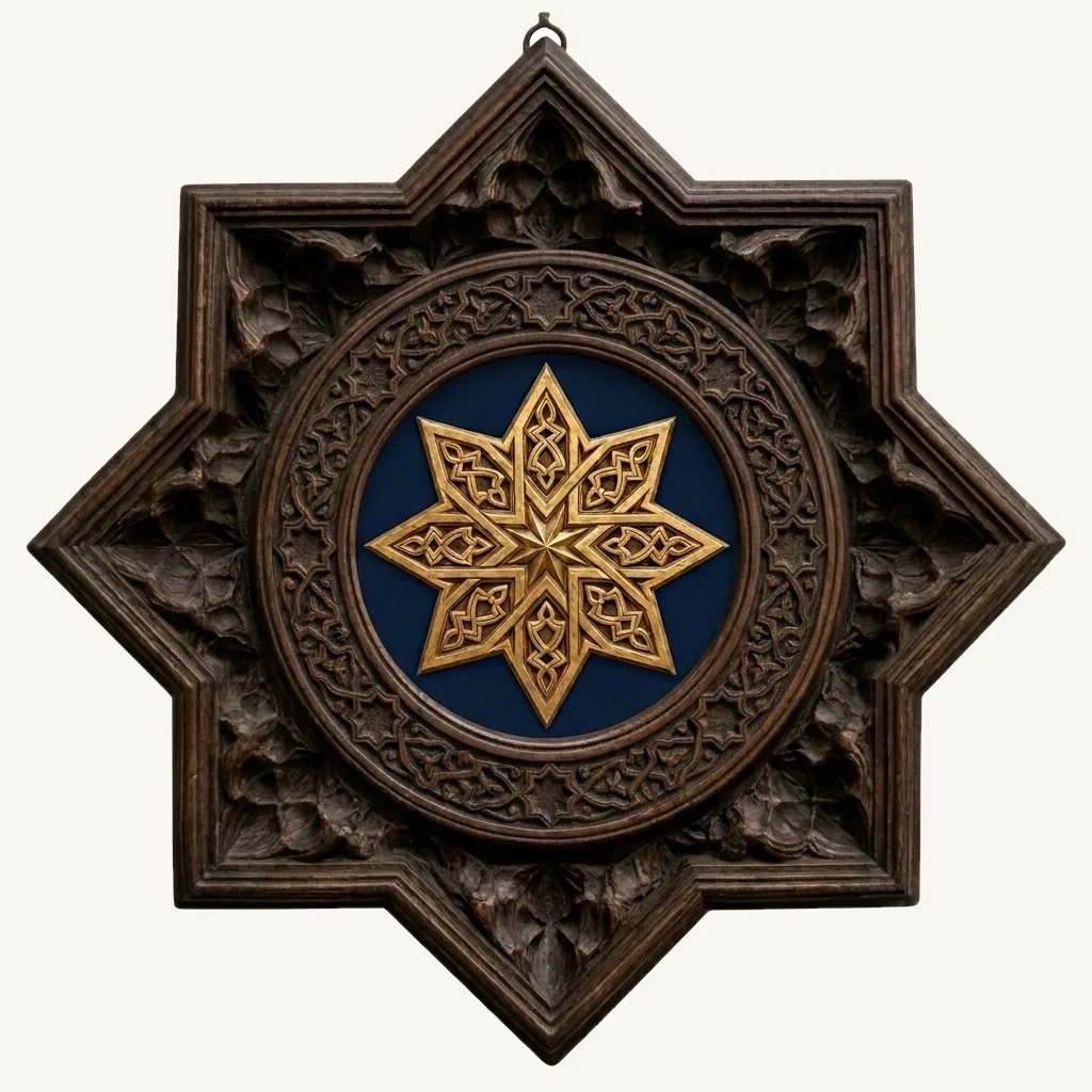 L’emblema sopra la porta fra le due case: la stella a otto punte dorata su fondo blu, entro una cornice di cedro scolpita anch’essa a otto punte
