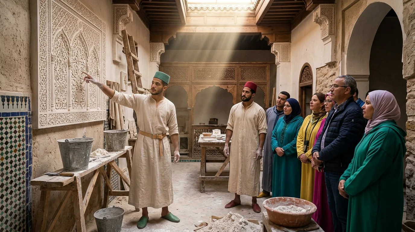 Un apprenti montre le plâtre sculpté aux visiteurs du chantier
