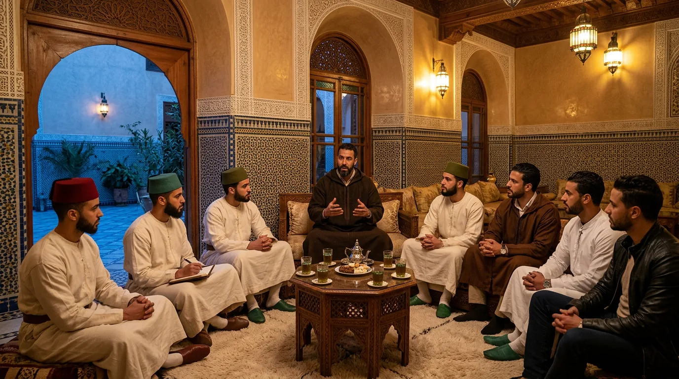 Un majlis dans la salle sur le patio : un hôte parle, les résidents écoutent