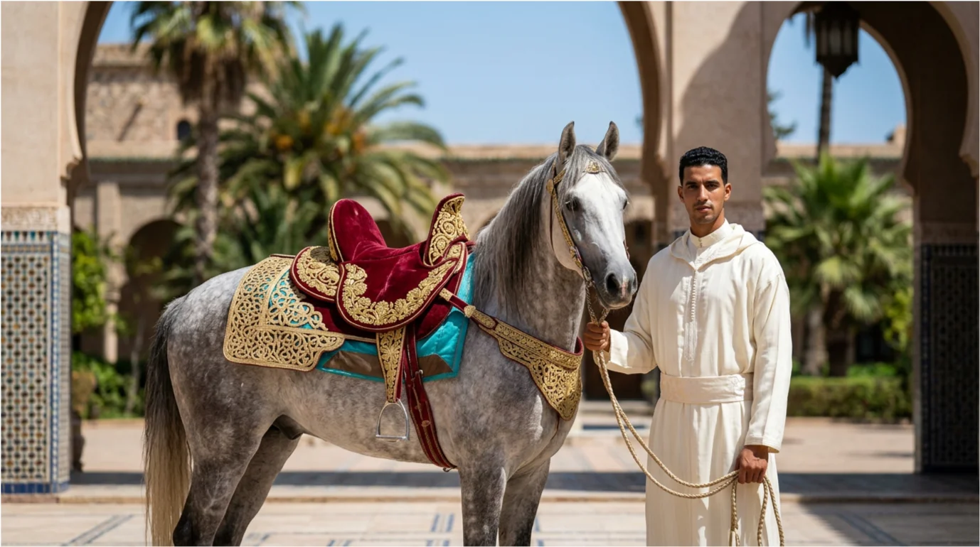 Il cavallo grigio con la sella rossa, tenuto a mano nella corte