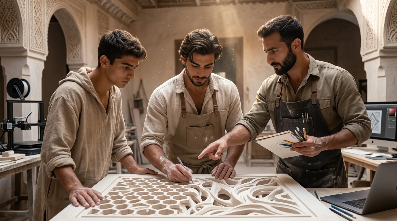 Maestro e apprendisti provano un disegno nuovo sul gesso, a mano e con gli strumenti di oggi