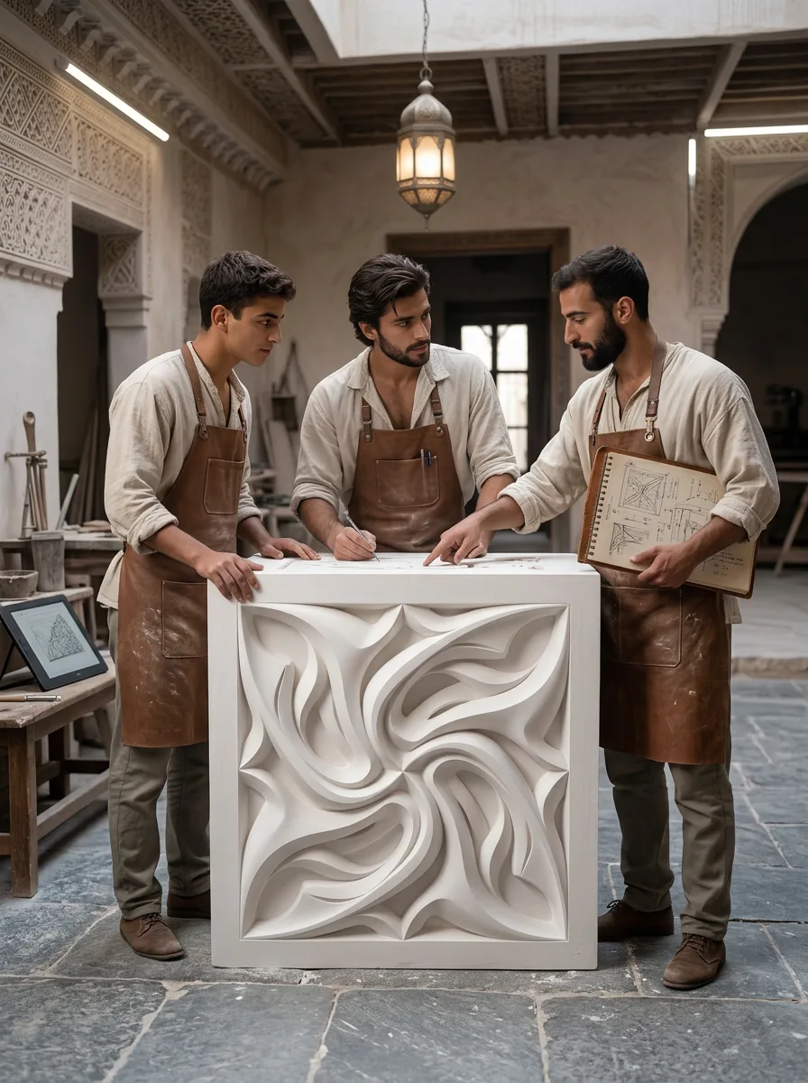 Tre artigiani in grembiule di cuoio attorno a un pannello di gesso dal rilievo nuovo