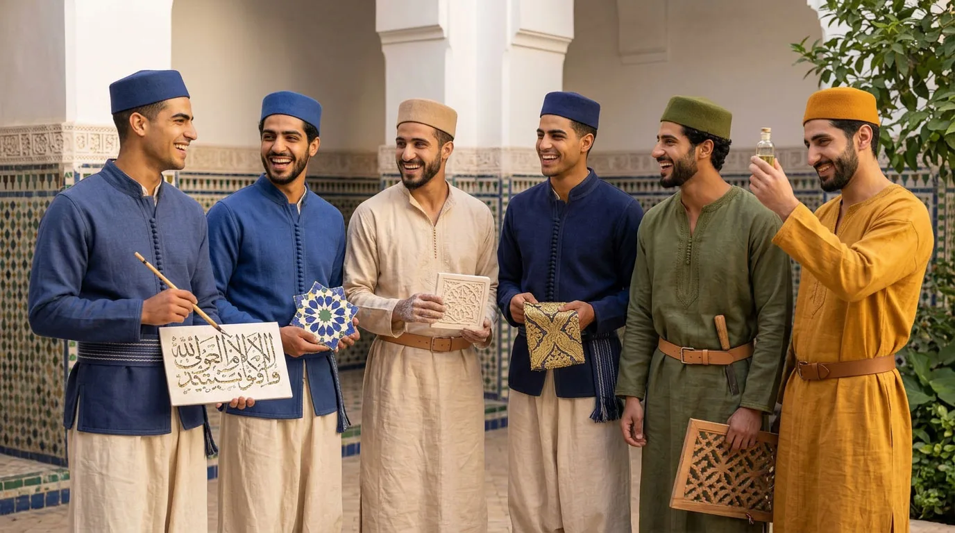 Compagnons dans le patio du Riad