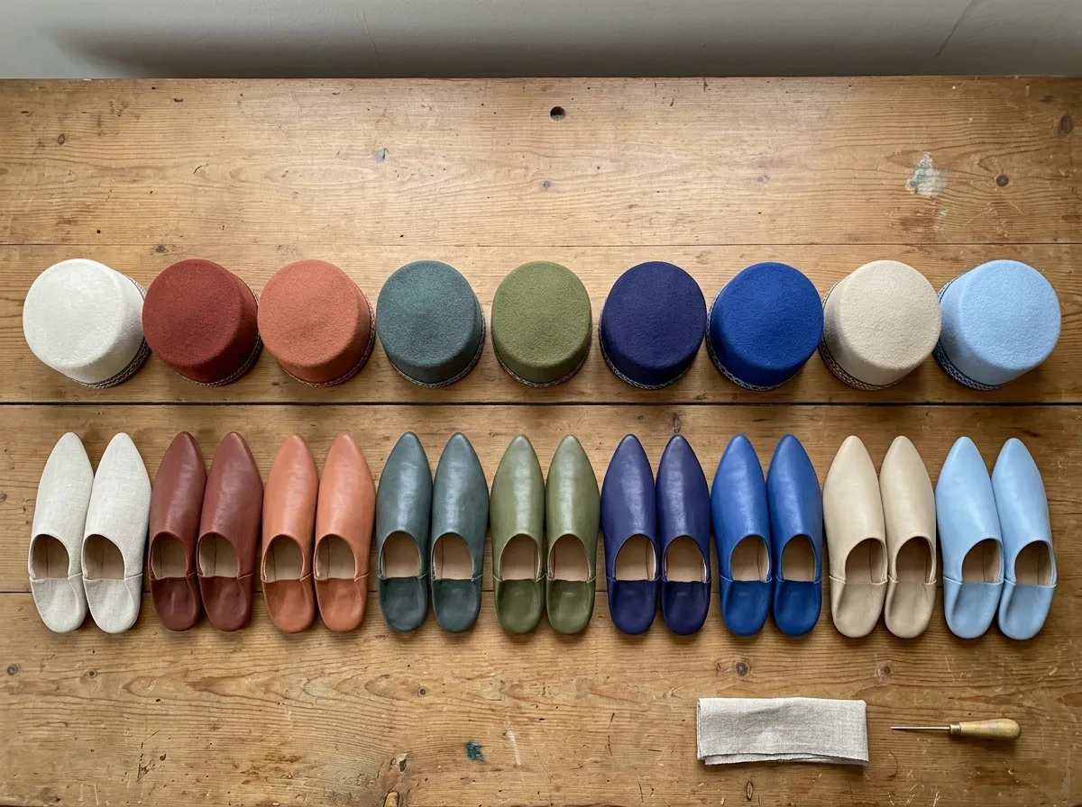 Le nove tinte — calotte e babucce, dall’ecru ai colori delle botteghe