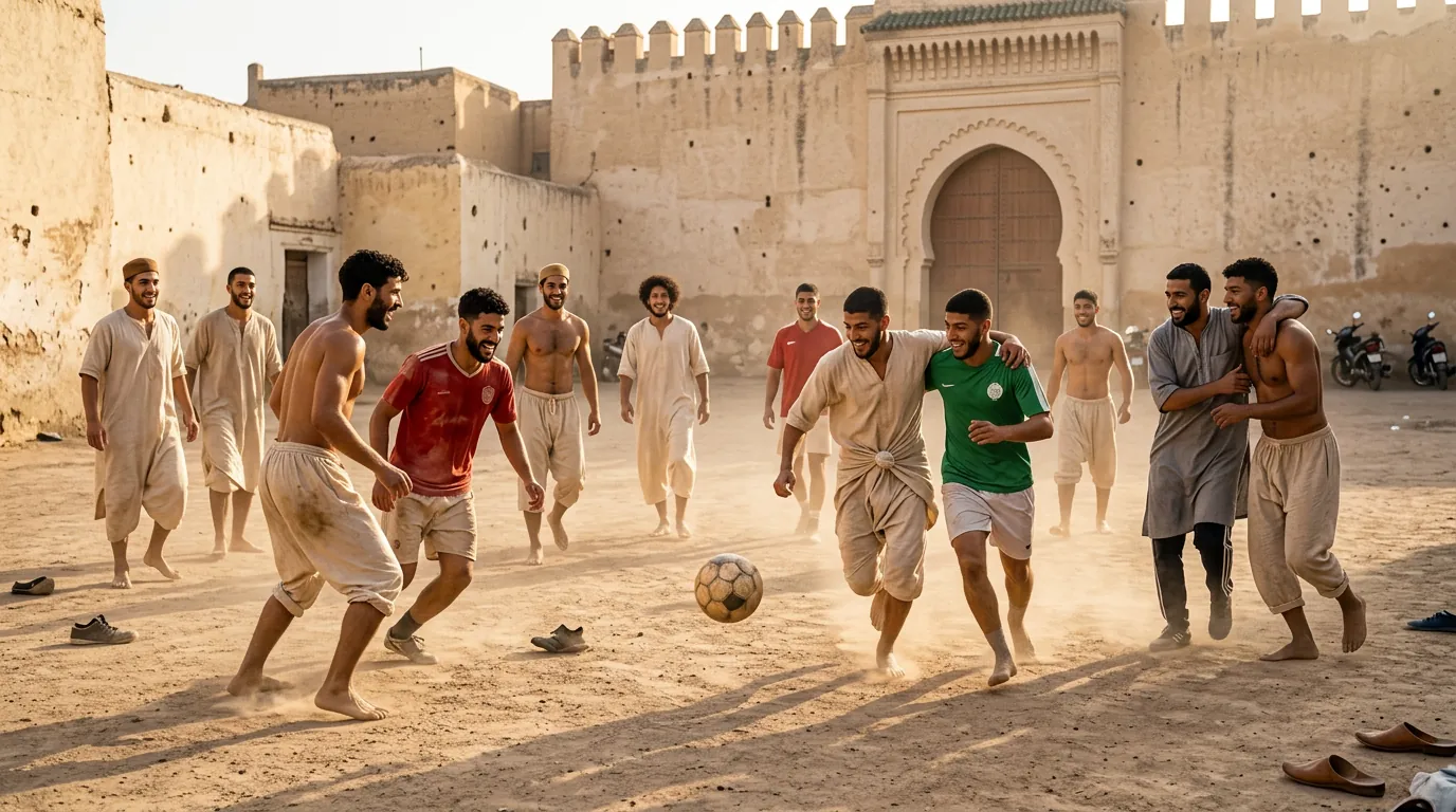Giovani del Riad e del quartiere che giocano a pallone su una piazza della medina