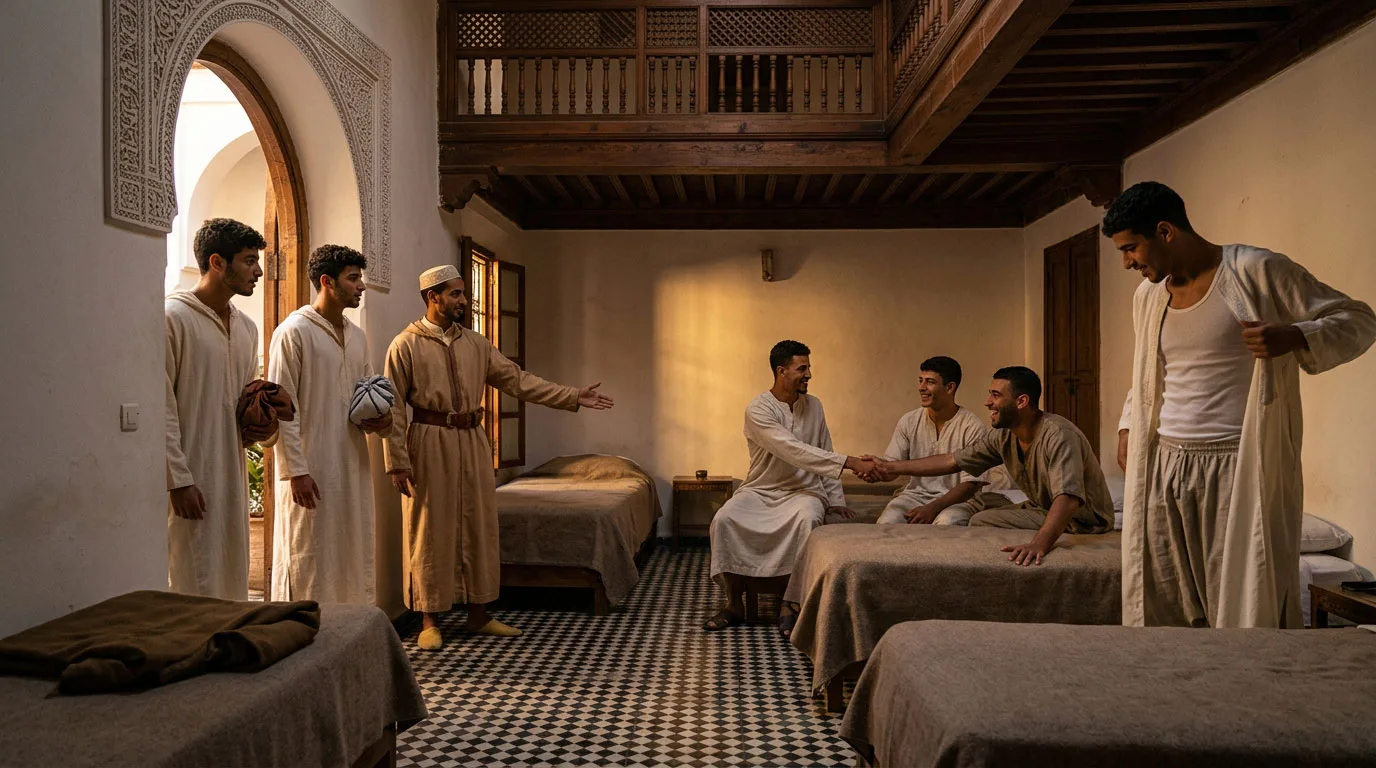 Al Riad, un nuovo venuto, il suo fagotto in mano, è accolto nella camerata dai suoi compagni