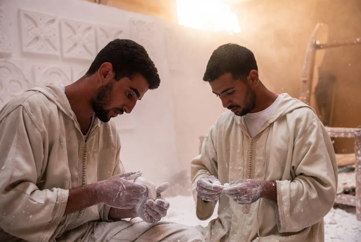 Due giovani artigiani che tagliano il gesso nella bottega