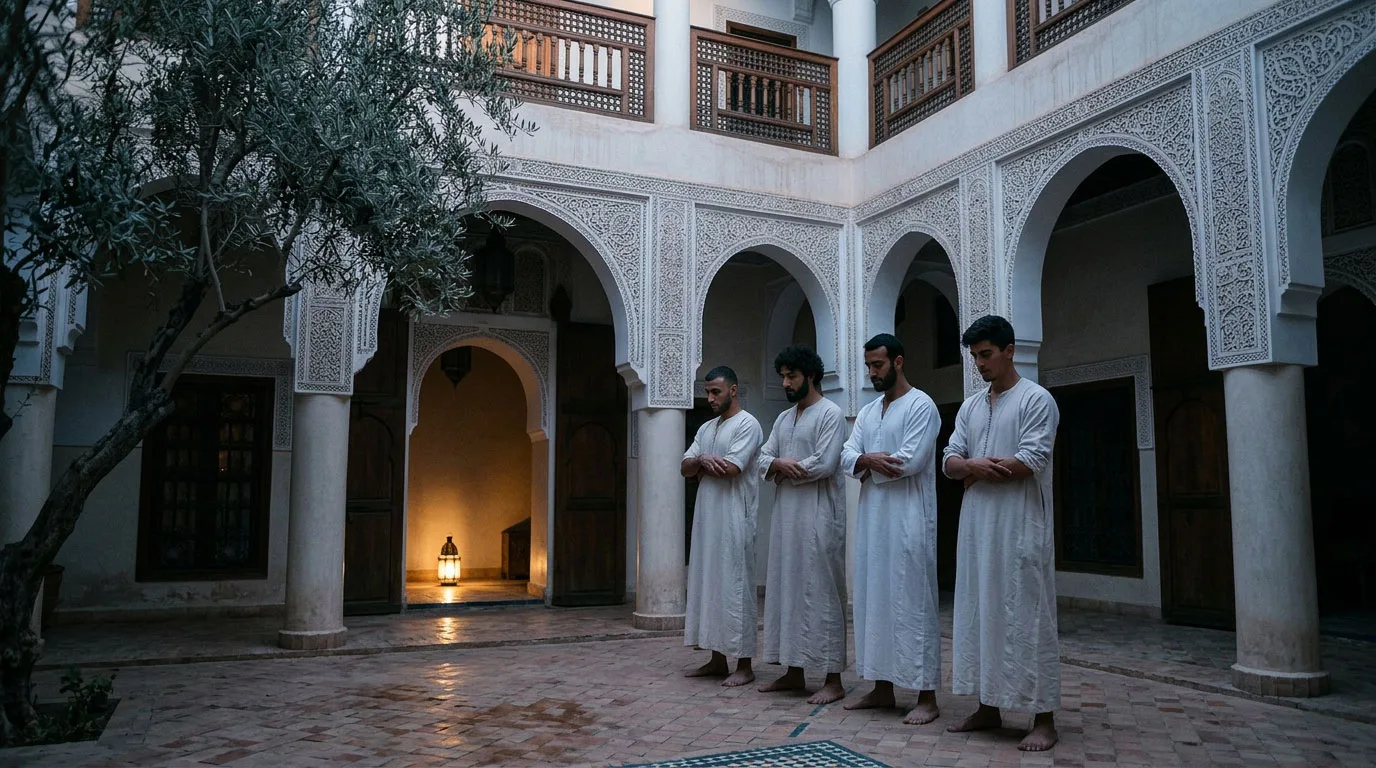 La comunità raccolta nel patio all’alba