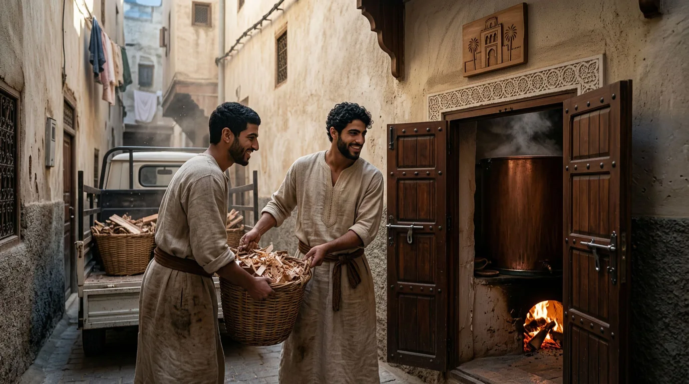 I cascami della bottega del legno portati al focolare: ciò che la casa produce, lo brucia