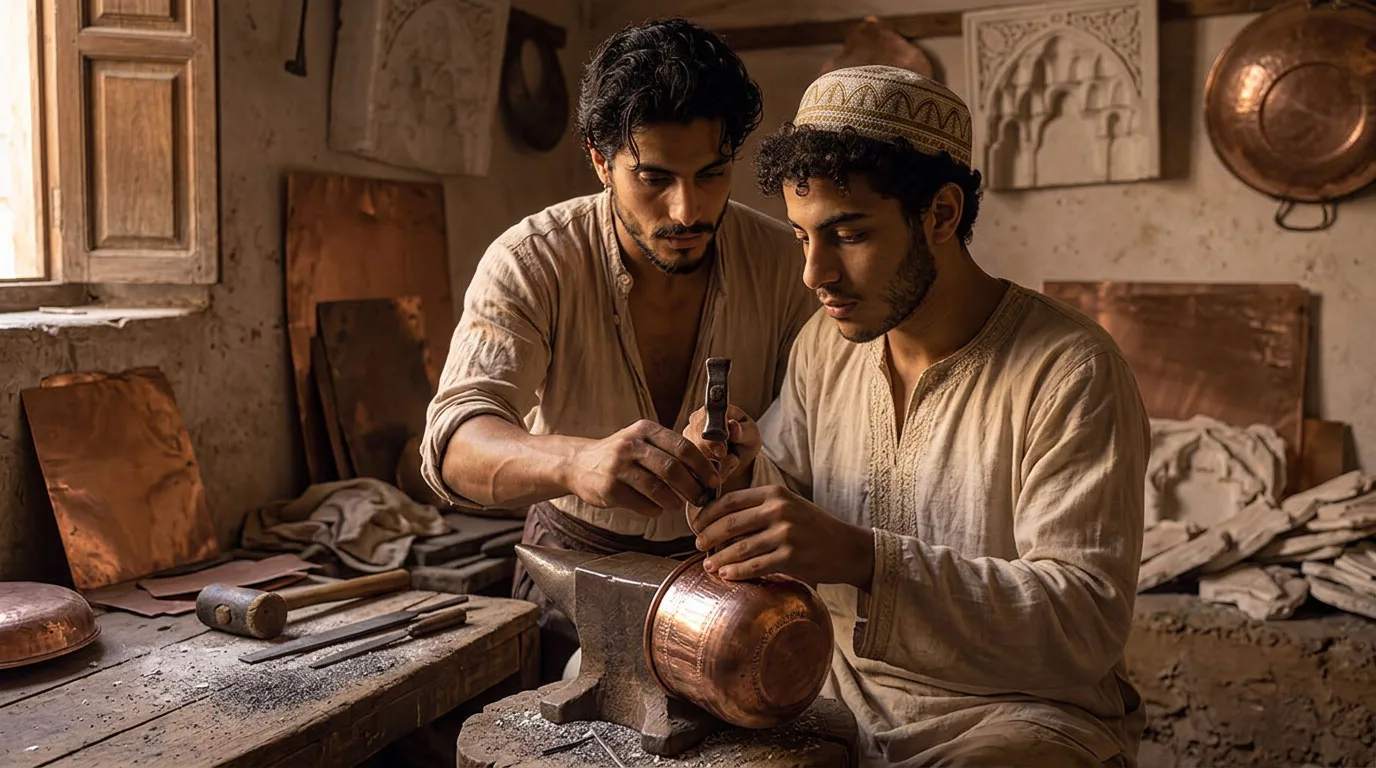 Un maestro guida il lavoro di un giovane artigiano