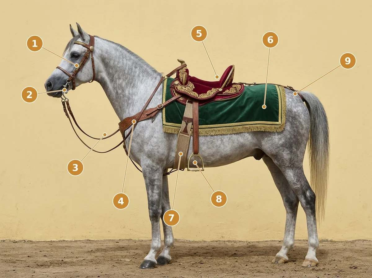 Tavola numerata del cavallo bardato: i nove pezzi dell’ʿudda
