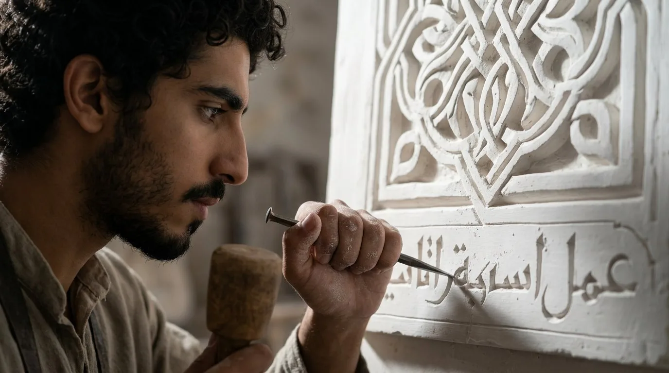 Un artisan reprend au ciseau une inscription dans le plâtre