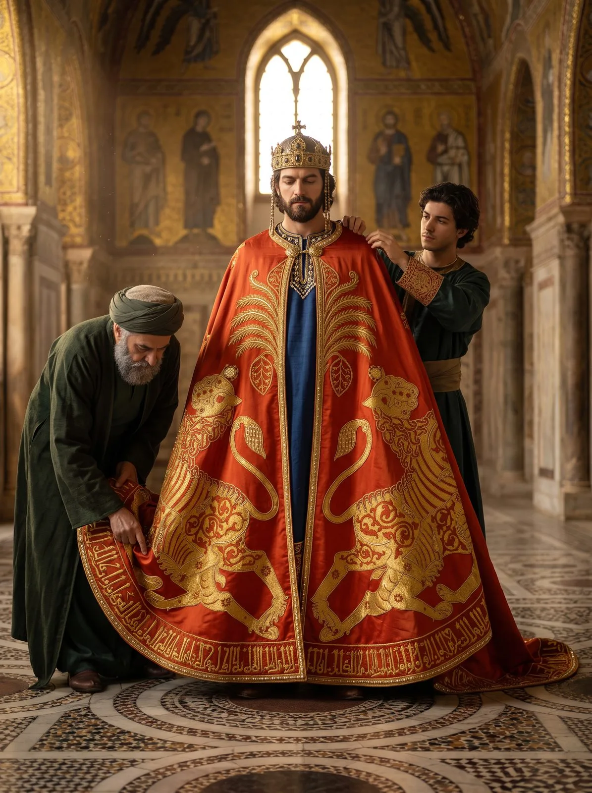 Ruggero II di Sicilia rivestito del manto d’incoronazione, ricamato nella bottega reale di Palermo nel 528 dell’Egira