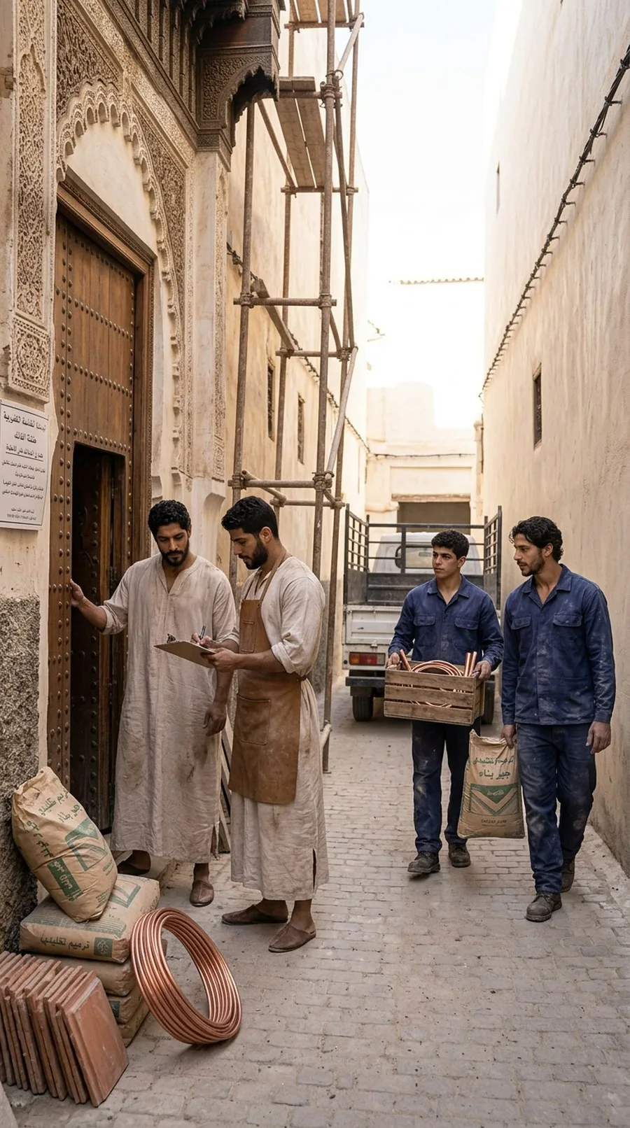 Consegna di materiali al cantiere di un riad: calce, rame, ponteggio