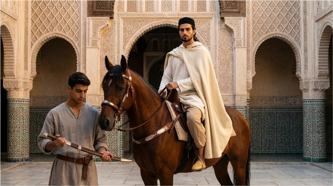 Il sāʾis tiene la briglia mentre il cavaliere è in sella